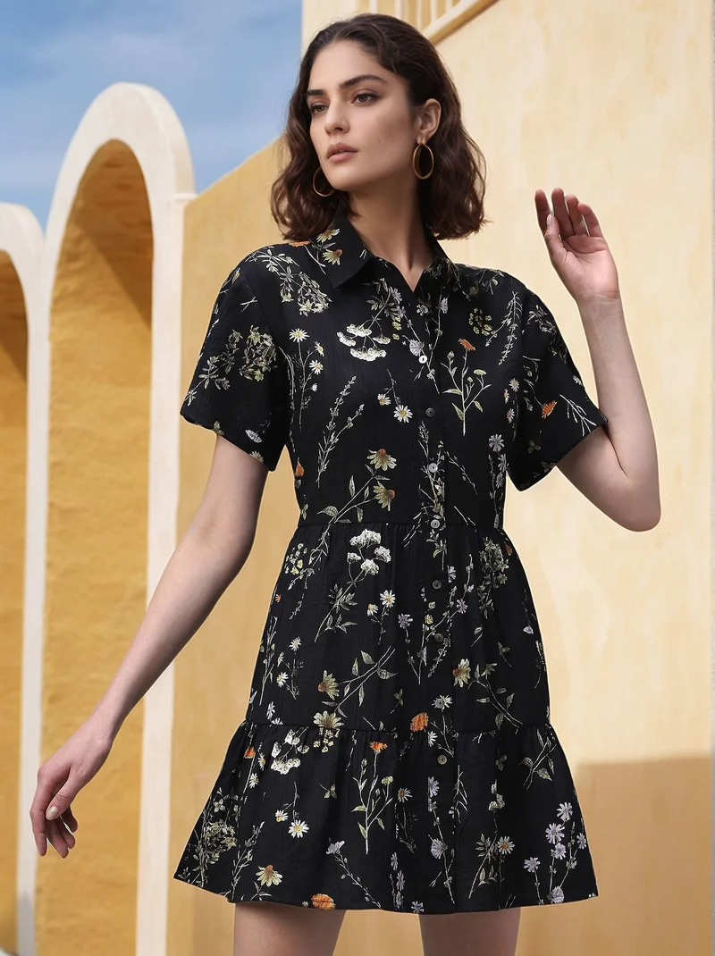 OUTZIDR Black Printed Floral Tiered Dress